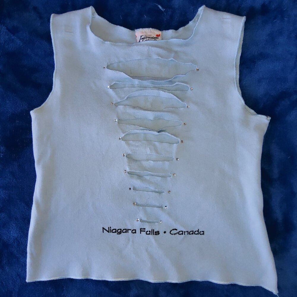 Edgy Light Blue Distressed Cotton Tank Top with Rhinestone Studs Y2K Festival
